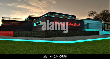 Ein Mann dekorierte das Haus mit einer beleuchteten Inschrift. Sei mein Valentinstag, um der geliebten Frau am 14. Februar zu gefallen. 3D-Rendering. Stockfoto