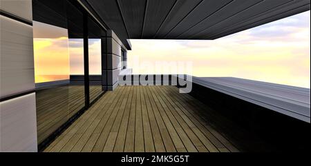 Elegantes Design des modernen Balkons mit Terrassenbrett auf dem Boden und verspiegelter Glastür. Wände mit Aluminiumpaneelen. 3D-Rendering Stockfoto