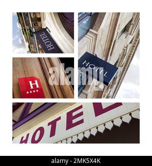 Verschiedene Hotelschilder auf einer Collage Stockfoto