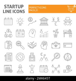 Startup-Symbolsatz mit dünnen Linien, Sammlung von Finanzsymbolen, Vektorskizzen, Logo-Illustrationen, Entwicklungszeichen lineares Piktogramm-Paket isoliert auf weißem Hintergrund, eps 10. Stock Vektor
