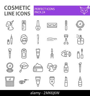 Symbolsatz für kosmetische Linien, Sammlung von Make-up-Symbolen, Vektorskizzen, Logo-Illustrationen, Paket mit linearen Piktogrammen für Schönheitszeichen, isoliert auf weißem Hintergrund, eps 10. Stock Vektor