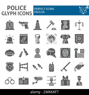 Symbolsatz Polizeiglyphe, Sammlung von Sicherheitssymbolen, Vektorskizzen, Logoabbildungen, Sicherheitsschilder massives Piktogramm-Paket isoliert auf weißem Hintergrund, eps 10. Stock Vektor