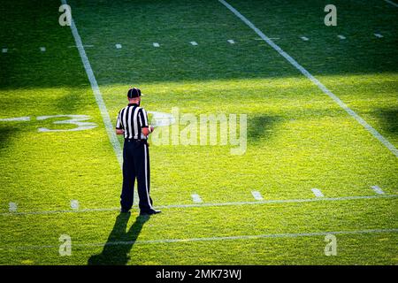 Der amerikanische Fußballrichter steht auf dem Fußballfeld Stockfoto