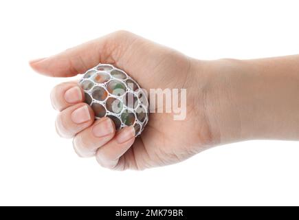 Frau drückt farbenfrohen Schleim, isoliert auf weiß, Nahaufnahme. Anti-Stress-Spielzeug Stockfoto