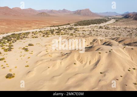 Das trockene Bett des Flusses Hoarusib und der angrenzenden Badlands, Luftaufnahme, Drohnenschuss, Kaokoland, Region Kunene, Namibia Stockfoto