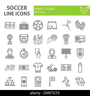 Fußballlinien-Symbolsatz, Fußballsymbolsammlung, Vektorskizzen, Logos, Sportzeichen lineare Piktogramme isoliert auf weißem Hintergrund, 10. Stock Vektor