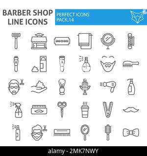 Symbolset Friseurshop, Sammlung von Haarsymbolen, Vektorskizzen, Logo-Illustrationen, Haarpflegezeichen lineares Piktogramm-Paket isoliert auf weißem Hintergrund, 10. Stock Vektor