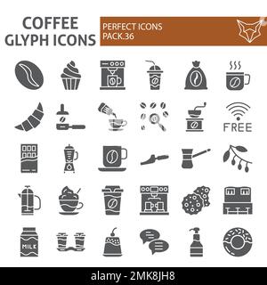 Kaffee-Glyphe-Symbolsatz, Café-Symbolsammlung, Vektorskizzen, Logo-Illustrationen, Koffein-Zeichen-Paket mit soliden Piktogrammen auf weißem Hintergrund isoliert, eps 10. Stock Vektor