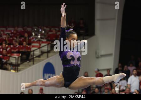27. Januar 2023: LSU-Turnerin Haleigh Bryant tritt am Strahl an. Arkansas besiegte LSU 197,475 zu 197,250 in Fayetteville, AR, Richey Miller/CSM Stockfoto