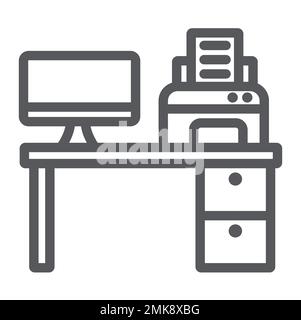 Computersymbol, Büro und Tisch, Arbeitsplatzschild, Vektorgrafiken, ein lineares Muster auf weißem Hintergrund, 10. Stock Vektor