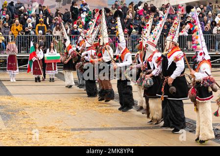 Pernik, Bulgarien. 28. Januar 2023 Kukeri-Tänzer aus Bania, Zentralbulgaren, die beim Surva International Festival of Masquerade Games auftreten, ist das größte Winterfestival in Europa und die beliebteste und maßgeblichste Manifestation traditioneller Volksspiele, Masken und Kostüme in Bulgarien. Dieses Jahr ist es die 29. Festival-Ausgabe, die drei ganze Tage lang mit mehr als 10 000 Teilnehmern aus ganz Europa abgehalten wird. Die Veranstaltung umfasst zahlreiche Konzerte und Workshops, Getränke- und Imbissstände und zieht Zehntausende von Zuschauern auf sich. Stockfoto