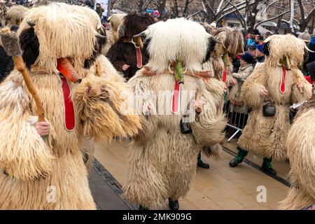 Pernik, Bulgarien. 28. Januar 2023 Maskierte Teilnehmer aus Slowenien beim Surva International Festival of Masquerade Games sind das größte Winterfestival in Europa und die beliebteste und maßgeblichste Manifestation traditioneller Volksspiele, Masken und Kostüme in Bulgarien. Dieses Jahr ist es die 29. Festival-Ausgabe, die drei ganze Tage lang mit mehr als 10 000 Teilnehmern aus ganz Europa abgehalten wird. Die Veranstaltung umfasst zahlreiche Konzerte und Workshops, Getränke- und Imbissstände und zieht Zehntausende von Zuschauern auf sich. Kredit: Ognyan Yosifov/Alamy Live News Stockfoto