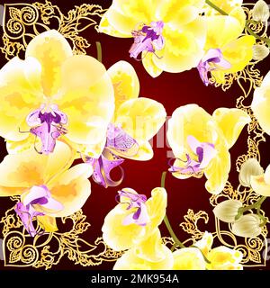 Nahtlose Textur Stem Orchidee Phalaenopsis mit goldenen Blumen und Knospen tropische Pflanzen auf rotem Hintergrund mit Ornamenten Vintage Vector botanical il Stock Vektor