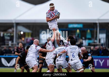 LONDON, VEREINIGTES KÖNIGREICH. 28., Jan 2023. Während des Gallagher Premiership Rugby-Spiels Runde 16 zwischen Saracens und Bristol Bears im Stoop Stadium am Samstag, den 28. Januar 2023. LONDON, ENGLAND. Kredit: Taka G Wu/Alamy Live News Stockfoto