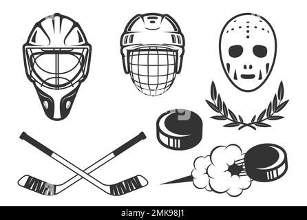 Eishockey-Embleme, Hockeyhelme und Retro-Torwartmaske, fliegender Hockey-Puck, Vektor Stock Vektor