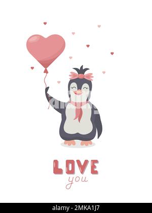Süße Valentinsgrußkarte mit Schriftzug, Pinguin verliebter Cartoon. Vektormädchenfigur mit einem Luftballon in Form eines Herzens Stock Vektor