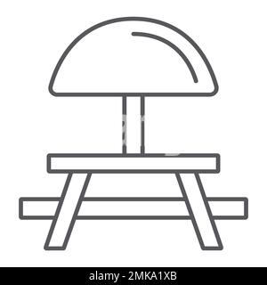 Campingtisch dünnes Liniensymbol, Möbel und Reisen, Picknick-Tischschild, Vektorgrafiken, ein lineares Muster auf weißem Hintergrund, eps 10. Stock Vektor