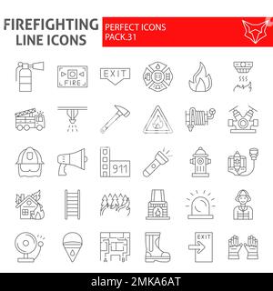 Firefighter dünne Linien Symbolsatz, Feuerwehrsymbole Sammlung, Vektorskizzen, Logo Illustrationen, Brandsicherheitsschilder lineare Piktogramme Paket isoliert auf weißem Hintergrund, eps 10. Stock Vektor