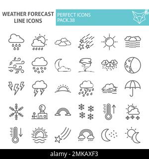 Symbolsatz für Wettervorhersage, Sammlung von Klimasymbolen, Vektorskizzen, Logo-Illustrationen, Meteorologie-Zeichen lineares Piktogramm-Paket isoliert auf weißem Hintergrund, eps 10. Stock Vektor