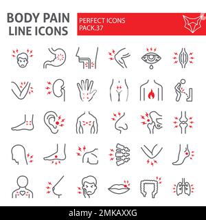 Symbolsatz für Körperschmerzlinie, Organache Symbolsammlung, Vektorskizzen, Logo-Illustrationen, Krankheitszeichen lineares Piktogramm Paket isoliert auf weißem Hintergrund, eps 10. Stock Vektor