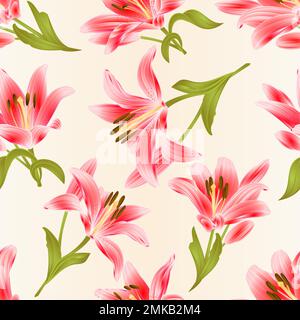 Nahtlos strukturiertes rotes Lily Lilium Candidum, Blume mit Blättern und Knospen festlicher Hintergrund Vintage-Vektor-Illustration editierbar handgezeichnet Stock Vektor