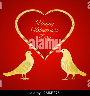 Golden Birds Pigeons and Heart Valentines Platz für Text rot Hintergrund Vintage Illustration editierbare Handzeichnung Stock Vektor