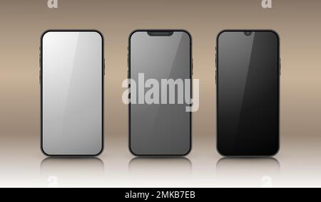 Ein Set mit drei Smartphones auf beigefarbenem Hintergrund. Realistische 3D-Modelle von Mobiltelefonen mit Schatten und Lichtern. Stock Vektor
