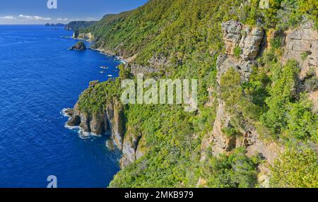 Blick auf die steilen Klippen und das ruhige blaue Meer in Waterfall Bay, Tasman-Nationalpark, Tasmanien, Australien Stockfoto