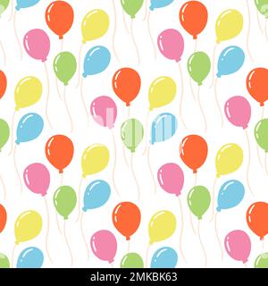 Nahtloses Muster mit farbenfrohen Ballons im flachen Cartoon-Stil. Vektorstruktur des Geburtstags oder der Party-Dekoration, fliegender Ballon mit Seil auf weißem Hintergrund Stock Vektor