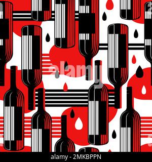 Rotwein, nahtloses Vektormuster, Getränkeflasche, Glas mit modernem geometrischem Hintergrund. Kreative Modetapete. Kreatives Design. Stock Vektor