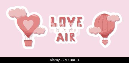 Valentinstag niedliche pinkfarbene Aufkleber in Form von Luftballons und Schriftzug. Aerostat. Pastellfarbene Elemente für Geschenkpapier und Geschenkschachteln Stock Vektor