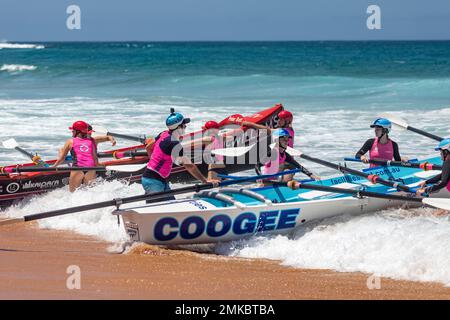 Surfbootrennen für Damen am North Narrabeen Beach in Sydney, traditionelles Surfboot von lokalen Surf Life Saving Clubs konkurrieren, NSW, Australien Stockfoto