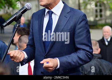 Die Menge nimmt an einem politischen Treffen Teil. Eine große Gruppe von Menschen als Zuschauer für die Rede eines Politikers im Freien auf der Großleinwand. Stockfoto