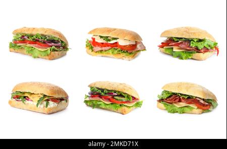 Set von leckeren Sandwiches auf weißem Hintergrund Stockfoto