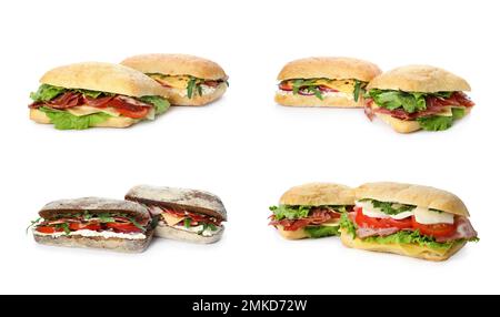 Set von leckeren Sandwiches auf weißem Hintergrund Stockfoto