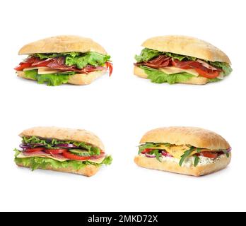 Set von leckeren Sandwiches auf weißem Hintergrund Stockfoto