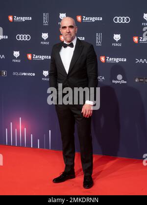 Saragossa, Spanien. 28. januar 2023. Die „Feroz Awards“-Gala wurde in der Stadt Saragossa veranstaltet, wo der Verband der kinematografischen Informanten Filme, Schauspieler, Schauspielerinnen und Filmprofis auszeichnet. Sie haben die Anwesenheit von Hunderten von Schauspielern, und der Ehrenpreis geht an Pedro Almodovar. Juan Antonio Perez/Alamy Live News Stockfoto