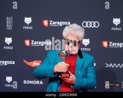 Saragossa, Spanien. 28. januar 2023. Die „Feroz Awards“-Gala wurde in der Stadt Saragossa veranstaltet, wo der Verband der kinematografischen Informanten Filme, Schauspieler, Schauspielerinnen und Filmprofis auszeichnet. Sie haben die Anwesenheit von Hunderten von Schauspielern, und der Ehrenpreis geht an Pedro Almodovar. Juan Antonio Perez/Alamy Live News Stockfoto