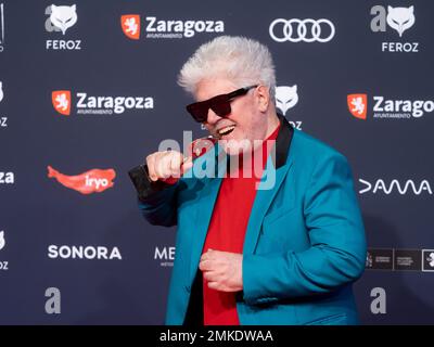 Saragossa, Spanien. 28. januar 2023. Die „Feroz Awards“-Gala wurde in der Stadt Saragossa veranstaltet, wo der Verband der kinematografischen Informanten Filme, Schauspieler, Schauspielerinnen und Filmprofis auszeichnet. Sie haben die Anwesenheit von Hunderten von Schauspielern, und der Ehrenpreis geht an Pedro Almodovar. Juan Antonio Perez/Alamy Live News Stockfoto