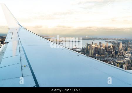 Blick auf Sydney aus der Vogelperspektive vom Fensterplatz im Flugzeug Stockfoto