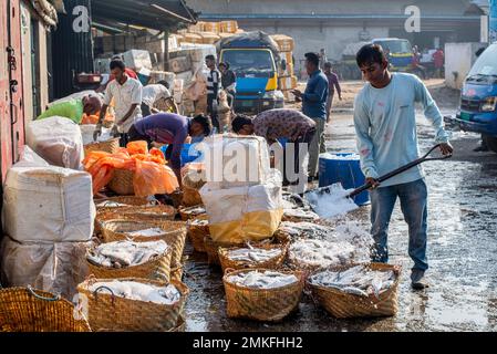 Chittagong, Chattogramm, Bangladesch. 20. Januar 2023. Chittagong, die zweitgrößte Stadt, hat den größten Großhandelsmarkt für Meeres- und Süßwasserfische. Dieser Ort ist bekannt als Chattagram Fishery Ghat, der vor 200 Jahren gegründet wurde. Es wurde von den Portugiesen gegründet. Sie schufen diesen Markt, als Geschäfte in Chattagram nötig waren, und sie bekamen das Recht, Hafengebühren zu kassieren. Das traditionelle Chattagram Fishery Ghat hat hat zwei Orte. Der Standort des Fishery Ghat an der Iqbal Road in Patharghata wurde geändert und in einen neueren und größeren Fishery Ghat in Lusai Kanya an der Mündung von Rajak umgewandelt Stockfoto