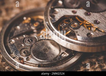 Uhrwerk alte mechanische Uhr. Nahaufnahme, Makroaufnahme Stockfoto