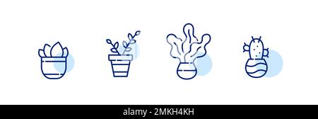Set mit 4 Blumentöpfen mit Blattpflanzen und Kaktus. Pixelgenaue, bearbeitbare Kontur Stock Vektor