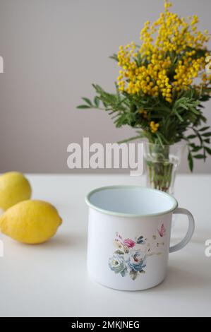 Emaillierte, bemalte Töpfe, Zitronen- und gelbe Mimosablüten in einer Glasvase auf einem weißen Tisch Stockfoto