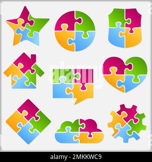 Set aus verschiedenen Objekten aus Puzzleteilen, Designelementen für Ihr Logo, Vektor-EPS10-Illustration Stock Vektor