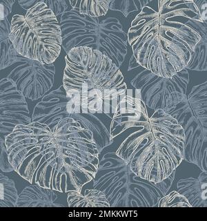 Botanisches nahtloses Muster mit Blättern tropischer Pflanzen auf dunkelgrauem Hintergrund. Handgezeichnete Konturen mit Stift und Tinte. Vektorbild. Exotische Pflanzen. Stock Vektor