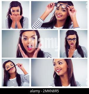 Die vielen Launen von mir. Kompositbild einer attraktiven jungen Frau, die sich im Studio posiert. Stockfoto