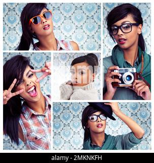 Sie ist so hip. Kompositbild einer attraktiven jungen Frau, die sich im Studio posiert. Stockfoto