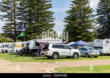 Australische Campingplätze, Campingplätze und Wohnmobile in Narrabeen in Sydney, Australier genießen Sommerferien im Park mit fliegenden Flaggen, Australien Stockfoto