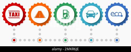 Erneuerbare Energien, Symbolsatz für Verkehrsvektoren, Fahrzeugkonzept flaches Design Webabzeichen Sammlung, Infografik-Vorlage für Unternehmen Stock Vektor